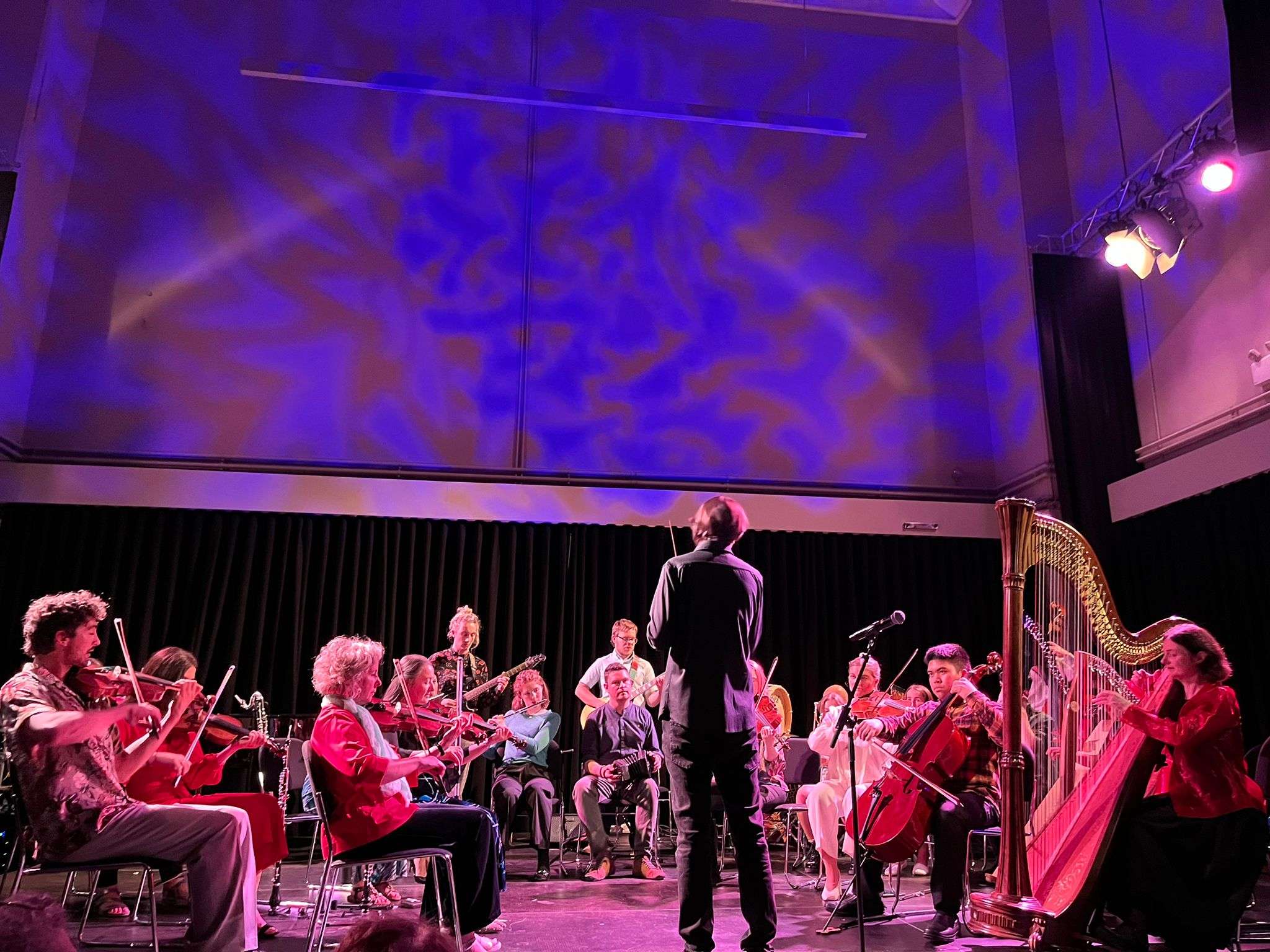 A picture of the Irish Memory Orchestra and conductor Dave Flynn, premiering 'Deich'