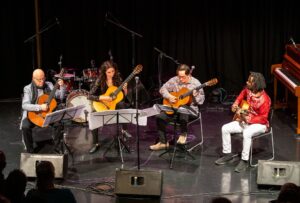 Picture of Dave Flynn, Laura Snowden, John Feeley and Niwel Tsumbu performing the Dun Laoghaire Guitars World Premiere at the Lexicon Theatre, Dun Laoghaire